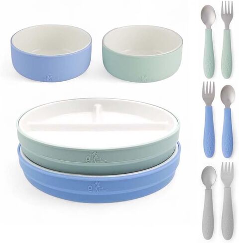 Elk and Friends Kids Porcelain Mealtime Bundle - 10 Pcs Dinnerware Set - Plates Bowls Toddler Cutlery with Silicone Sleeve - Dishwasher & Microwave Safe in Kuwait