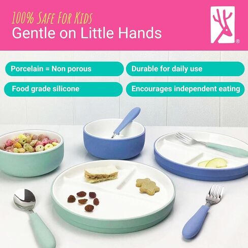 Elk and Friends Kids Porcelain Mealtime Bundle - 10 Pcs Dinnerware Set - Plates Bowls Toddler Cutlery with Silicone Sleeve - Dishwasher & Microwave Safe in Kuwait