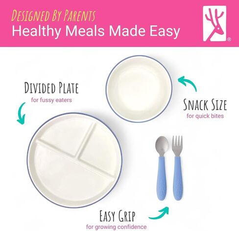 Elk and Friends Kids Porcelain Mealtime Bundle - 10 Pcs Dinnerware Set - Plates Bowls Toddler Cutlery with Silicone Sleeve - Dishwasher & Microwave Safe in Kuwait
