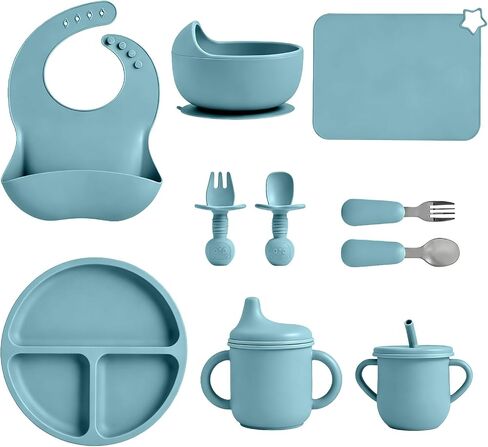 Silicone Baby Feeding Set 10 Pcs, Baby feeding essentials with Suction Plate, Bowl, Bib, Placemat, Silicone spoon&forks, Stainless Spoons&forks, straw cup and sippy cup (Pink) in Kuwait