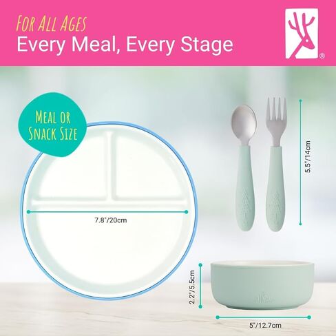 Elk and Friends Kids Porcelain Mealtime Bundle - 10 Pcs Dinnerware Set - Plates Bowls Toddler Cutlery with Silicone Sleeve - Dishwasher & Microwave Safe in Kuwait