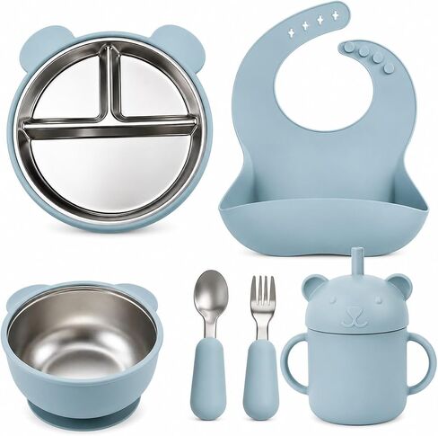 Stainless Steel Baby Feeding Set with Suction – Divided Toddler Plate, Bowl & Utensils, BPA-Free Silicone, Non-Slip Strong Suction Base, Easy Clean Weaning Set for Babies & Toddlers in Kuwait