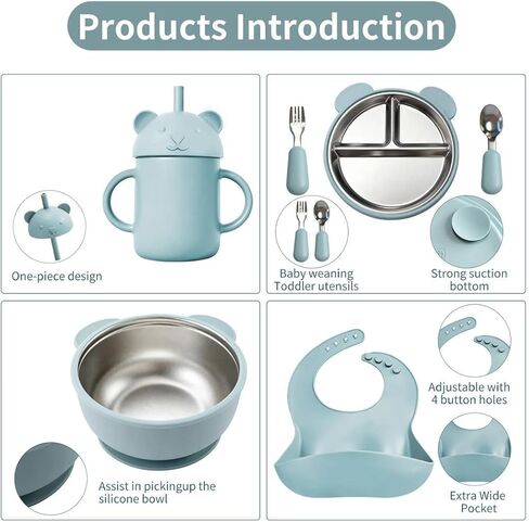 Stainless Steel Baby Feeding Set with Suction – Divided Toddler Plate, Bowl & Utensils, BPA-Free Silicone, Non-Slip Strong Suction Base, Easy Clean Weaning Set for Babies & Toddlers in Kuwait
