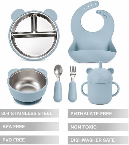 Stainless Steel Baby Feeding Set with Suction – Divided Toddler Plate, Bowl & Utensils, BPA-Free Silicone, Non-Slip Strong Suction Base, Easy Clean Weaning Set for Babies & Toddlers in Kuwait