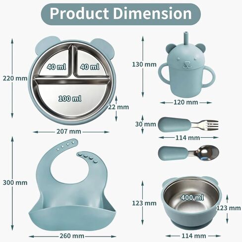 Stainless Steel Baby Feeding Set with Suction – Divided Toddler Plate, Bowl & Utensils, BPA-Free Silicone, Non-Slip Strong Suction Base, Easy Clean Weaning Set for Babies & Toddlers in Kuwait