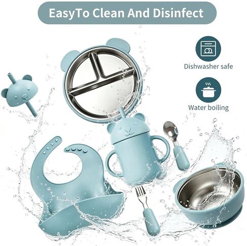 Stainless Steel Baby Feeding Set with Suction – Divided Toddler Plate, Bowl & Utensils, BPA-Free Silicone, Non-Slip Strong Suction Base, Easy Clean Weaning Set for Babies & Toddlers in Kuwait