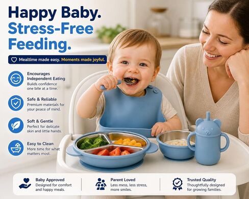 Stainless Steel Baby Feeding Set with Suction – Divided Toddler Plate, Bowl & Utensils, BPA-Free Silicone, Non-Slip Strong Suction Base, Easy Clean Weaning Set for Babies & Toddlers in Kuwait