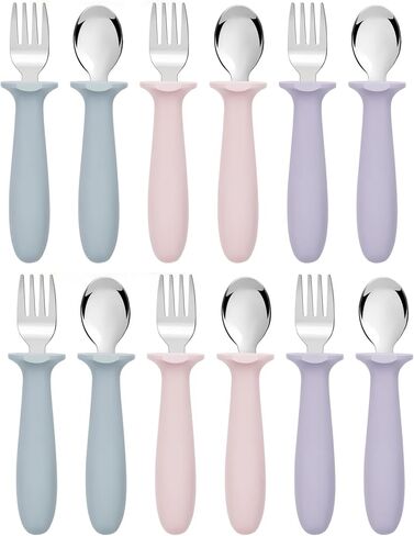 12 PCS Toddler Utensils Kids Silverware Set with Silicone Handle Children Food Grade 18/8 Stainless Steel Toddler Forks and Spoons Safe Anti-Choke Design Mirror Polished Sturdy Durable with 3 Colors in Kuwait
