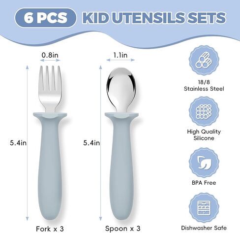 12 PCS Toddler Utensils Kids Silverware Set with Silicone Handle Children Food Grade 18/8 Stainless Steel Toddler Forks and Spoons Safe Anti-Choke Design Mirror Polished Sturdy Durable with 3 Colors in Kuwait