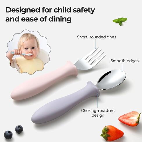 12 PCS Toddler Utensils Kids Silverware Set with Silicone Handle Children Food Grade 18/8 Stainless Steel Toddler Forks and Spoons Safe Anti-Choke Design Mirror Polished Sturdy Durable with 3 Colors in Kuwait