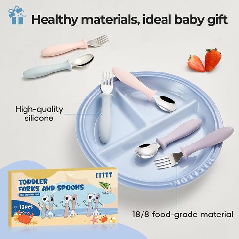 12 PCS Toddler Utensils Kids Silverware Set with Silicone Handle Children Food Grade 18/8 Stainless Steel Toddler Forks and Spoons Safe Anti-Choke Design Mirror Polished Sturdy Durable with 3 Colors in Kuwait