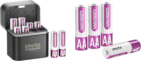 imuto 4200mWh Rechargeable AA Lithium Batteries 12-Pack with 8-Slot Charging Case,1.5V High Power, 2500 Cycles, CBPI Sealing Tech, High-Capacity Li-ion Cells for Game Controllers, Smart Locks, Cameras in Kuwait