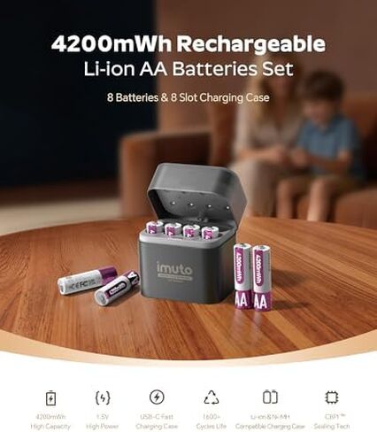 imuto 4200mWh Rechargeable AA Lithium Batteries 12-Pack with 8-Slot Charging Case,1.5V High Power, 2500 Cycles, CBPI Sealing Tech, High-Capacity Li-ion Cells for Game Controllers, Smart Locks, Cameras in Kuwait