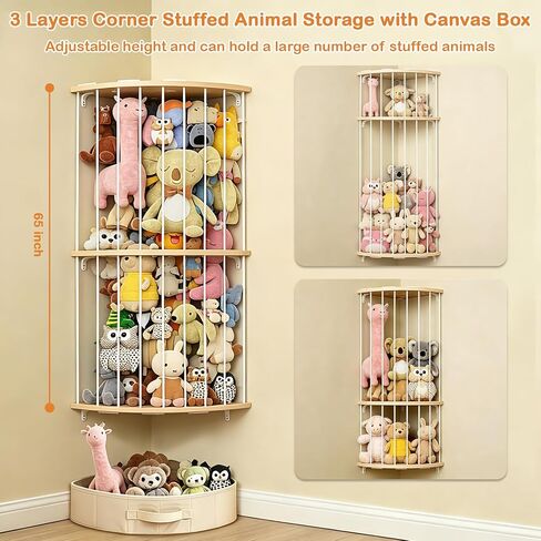 Double Layer Corner Stuffed Animal Storage Wood with Fan-Shaped Basket | 3-Panel Wall-Mounted Design, Adjustable Hanging Height, Easy to Install, Space Saving, Corner Stuffed Animal Zoo for Nursery in Kuwait