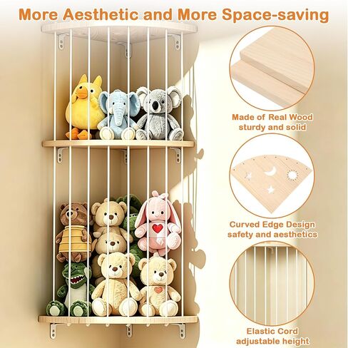 Double Layer Corner Stuffed Animal Storage Wood with Fan-Shaped Basket | 3-Panel Wall-Mounted Design, Adjustable Hanging Height, Easy to Install, Space Saving, Corner Stuffed Animal Zoo for Nursery in Kuwait