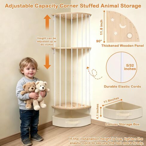 Double Layer Corner Stuffed Animal Storage Wood with Fan-Shaped Basket | 3-Panel Wall-Mounted Design, Adjustable Hanging Height, Easy to Install, Space Saving, Corner Stuffed Animal Zoo for Nursery in Kuwait