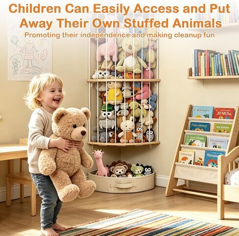 Double Layer Corner Stuffed Animal Storage Wood with Fan-Shaped Basket | 3-Panel Wall-Mounted Design, Adjustable Hanging Height, Easy to Install, Space Saving, Corner Stuffed Animal Zoo for Nursery in Kuwait