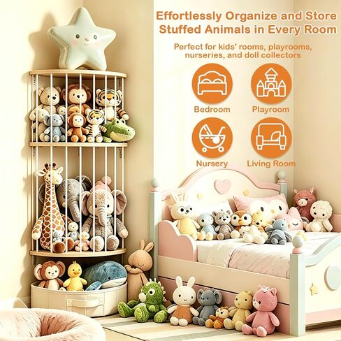 Double Layer Corner Stuffed Animal Storage Wood with Fan-Shaped Basket | 3-Panel Wall-Mounted Design, Adjustable Hanging Height, Easy to Install, Space Saving, Corner Stuffed Animal Zoo for Nursery in Kuwait