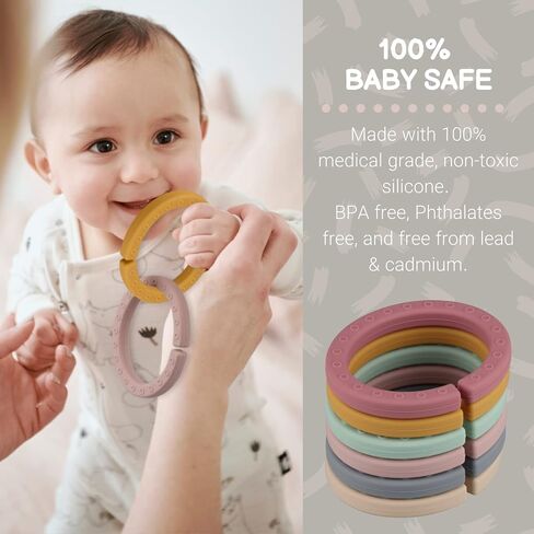 Baby Linkable Rings Set and Silicone Baby Teethers - Attach to Strollers, Car Seats & More - Food Grade Silicone, BPA & Phthalate Free (Set of 6) in Kuwait
