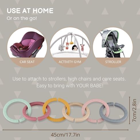 Baby Linkable Rings Set and Silicone Baby Teethers - Attach to Strollers, Car Seats & More - Food Grade Silicone, BPA & Phthalate Free (Set of 6) in Kuwait
