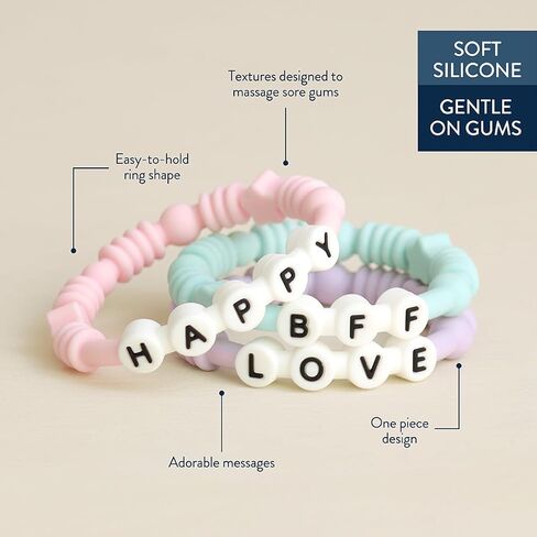 Itzy Ritzy Teething Rings - Set of 3 Textured, Silicone Rings for Ages 3 Months & Up - One-Piece Design with Adorable Messages (Pastel) in Kuwait