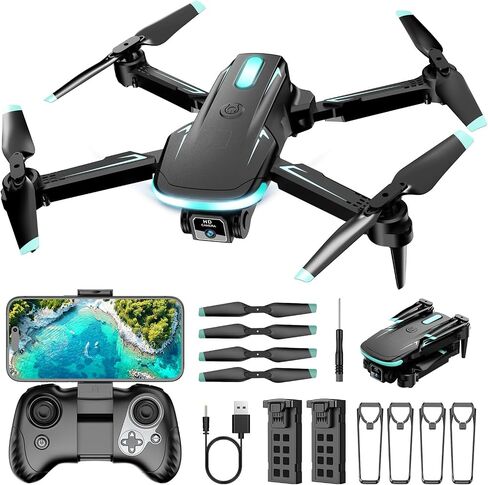 Drone with Camera 1080P HD, FPV Foldable Mini Drone for Beginners Kids Boys Girls, with 2 recharging Batteries, Carrying Case, One Key Start, Stable Hover, Trajectory Flight, Toys Gifts (Black) in Kuwait