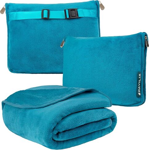 PAVILIA Travel Blanket Pillow, Soft Airplane Blanket 2-in-1 Combo Set, Plane Blanket Compact Packable, Flight Essentials Car Pillow, Travelers Gifts Accessories, Luggage Backpack Strap, 60x43 Red in Kuwait