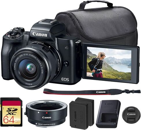 Canon EOS M50 Mirrorless Camera with 15-45mm Lens (Black) | 24.1MP APS-C Sensor, Dual Pixel CMOS AF, 4K Video & Vari-Angle Touchscreen | for Vlogging & Content (2680C011) + EF-M Lens Adapter + More in Kuwait