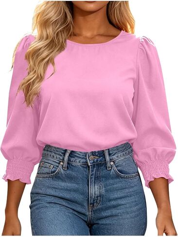 Womens Blouses Summer Tops 3/4 Length Sleeve Shirts | Womens Summer Tops 3/4 Length Sleeve Shirts Fashion Solid Color Fall Crew Neck Dressy Casual Blouses in Kuwait