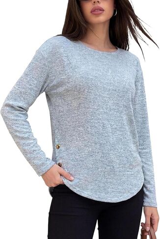 Women's Blouses Long Sleeve Crew Neck Shirts Spring | Women's Long Sleeve Crew Neck Shirts Spring Fall Fashion Outfits Side Slit Blouses Loose Fit Soft Comfy Tops in Kuwait