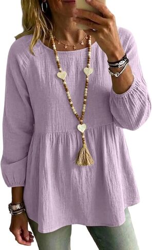 Womens Tunic Blouses Linen Tops Cotton 3/4 Slevee | Linen Tops for Women Cotton 3/4 Slevee Summer Fall Gauze Shirts Loose Fit Dressy Causal Tunic Blouses in Kuwait