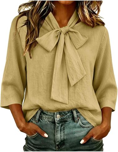 Womens Blouse Bow Tie Neck 3/4 Sleeve Cocktail Party Tops | Elegant Bow Tie Neck Style,3/4 Sleeve Relaxed Fit,Lightweight Comfy,Dressy Work Blouses,Date Night Tops,Cocktail Party Wear in Kuwait