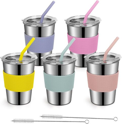 Stainless Steel Kids Cups, 5 Pack Colorful Drinking Tumbler Sippy Cup with Silicone Lids and Straws Metal Mugs for Toddlers, Children and Adults - 12oz in Kuwait