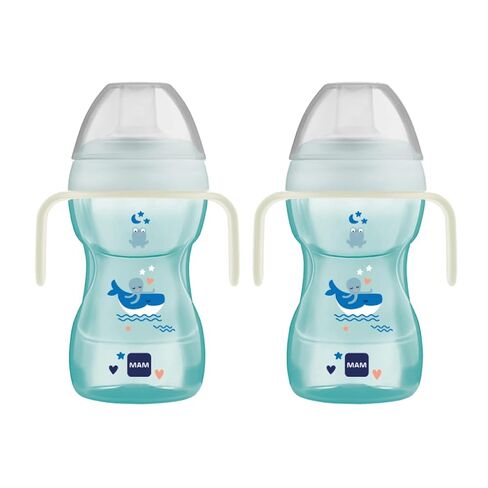 MAM 9.5oz Fun to Drink Spill Proof Baby Training Cup 8+ Months, 2 Pk | Glow In The Dark Handles, Soft Silicone Spout, BPA Free, Bottle To Cup Transition, Dishwasher Safe, Made In Europe in Kuwait