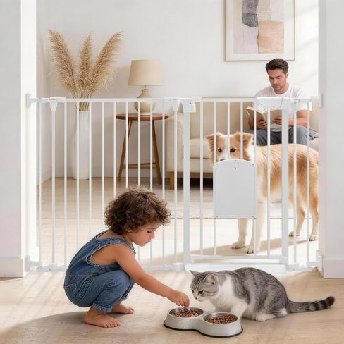 Baby Gate with Cat Door, Extra Wide 29.14-128.34 Inch Pet Gate | Auto Close, Foldable, Cat Flap, One-Handed Open, No-Drill /Screw Mount, Alloy Steel, For Fireplace, Fences, Hallway, Kitchen in Kuwait