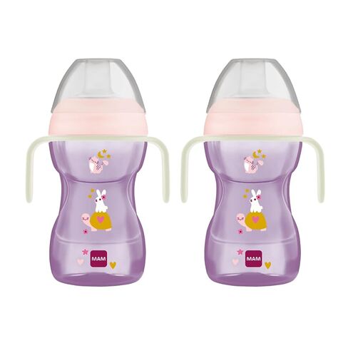 MAM 9.5oz Fun to Drink Spill Proof Baby Training Cup 8+ Months, 2 Pk | Glow In The Dark Handles, Soft Silicone Spout, BPA Free, Bottle To Cup Transition, Dishwasher Safe, Made In Europe in Kuwait
