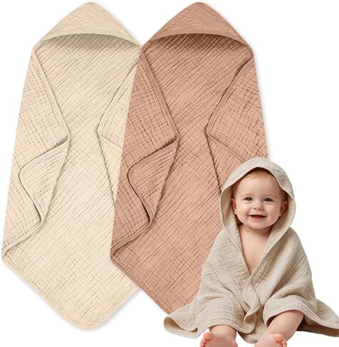 Baby Bath Towels, 100% Muslin Cotton Hooded Baby Towels for Newborn, 2 Pack Baby Towels with Hood for Babies, Infant, Toddler, 32x32Inch, Soft and Absorbent, Bath Essentials (Dark Green + Gray) in Kuwait