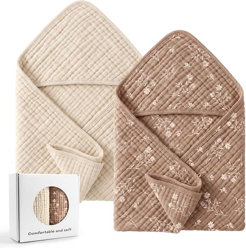 Tunnkit Muslin Hooded Baby Towels, 2 Pack 32 x 32 Inch Baby Bath Towels | Floral Design, Soft & Absorbent Cotton, Newborn, Infant & Toddler, Beige & Brown, Baby Bath Essentials in Kuwait