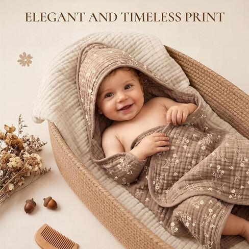 Tunnkit Muslin Hooded Baby Towels, 2 Pack 32 x 32 Inch Baby Bath Towels | Floral Design, Soft & Absorbent Cotton, Newborn, Infant & Toddler, Beige & Brown, Baby Bath Essentials in Kuwait