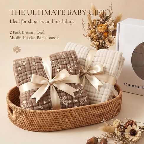 Tunnkit Muslin Hooded Baby Towels, 2 Pack 32 x 32 Inch Baby Bath Towels | Floral Design, Soft & Absorbent Cotton, Newborn, Infant & Toddler, Beige & Brown, Baby Bath Essentials in Kuwait