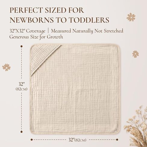 Tunnkit Muslin Hooded Baby Towels, 2 Pack 32 x 32 Inch Baby Bath Towels | Floral Design, Soft & Absorbent Cotton, Newborn, Infant & Toddler, Beige & Brown, Baby Bath Essentials in Kuwait