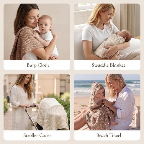 Tunnkit Muslin Hooded Baby Towels, 2 Pack 32 x 32 Inch Baby Bath Towels | Floral Design, Soft & Absorbent Cotton, Newborn, Infant & Toddler, Beige & Brown, Baby Bath Essentials in Kuwait