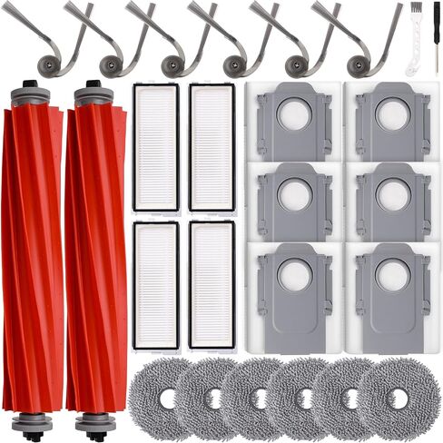 26 Pack Replacement Accessories Kit for Roborock QV 35A / QV 35S / Qrevo S Pro Robot Vacuum, 2 Anti-Tangle Brushes, 4 HEPA Filters, 6 Dust Bags, 6 Mop Pads, 6 Side Brushes, 2 Cleaning Tools in Kuwait