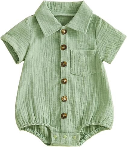 Honganda Summer Newborn Baby Boy Cotton Linen Romper Short Sleeve Button Down Jumpsuit Romper One Piece Outfit 0-24M in Kuwait