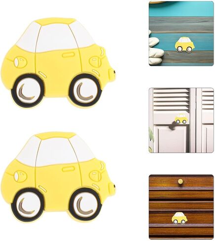 Angoily 2pcs Cartoon Car Shaped Dresser Pull Handles, Yellow PVC Cabinet Knobs with Comfortable Grip and Easy Installation for Cupboard and Drawer in Nursery or Room in Kuwait
