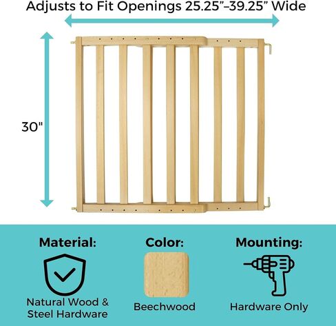 Toddleroo by North States LuxeCraft Wood Baby Safety Gate for Stairs & Doorways, Hardware Mount, Adjustable 25.25 to 39.25 Inches Wide, 30 Inches High, Beechwood Natural Wood in Kuwait