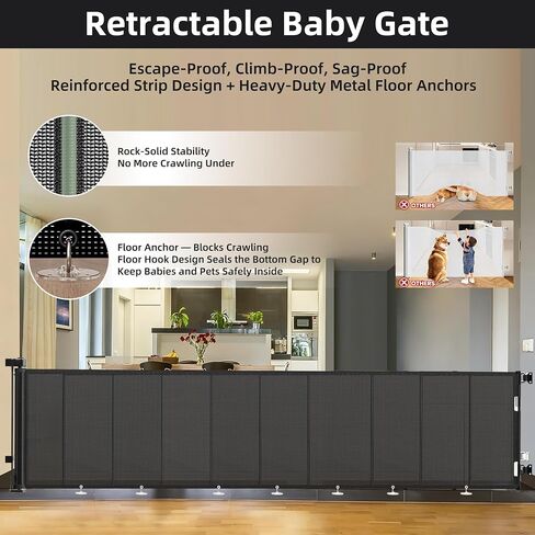Retractable Baby & Pet Gate, 236″L x 42″H Extra Wide Mesh Retractable Dog Gate, 7 Reinforced Rods & Suction Cups, Safety Lock, One-Hand Operation,16 FT Easy Install for Indoor Outdoor, Black in Saudi Arabia