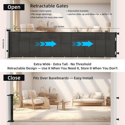 Retractable Baby & Pet Gate, 236″L x 42″H Extra Wide Mesh Retractable Dog Gate, 7 Reinforced Rods & Suction Cups, Safety Lock, One-Hand Operation,16 FT Easy Install for Indoor Outdoor, Black in Saudi Arabia