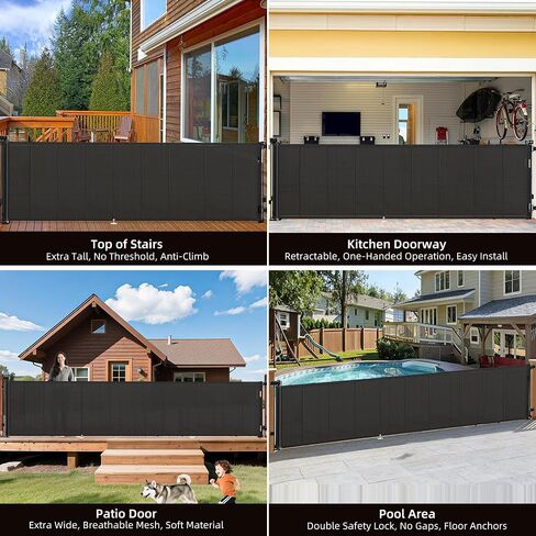 Retractable Baby & Pet Gate, 236″L x 42″H Extra Wide Mesh Retractable Dog Gate, 7 Reinforced Rods & Suction Cups, Safety Lock, One-Hand Operation,16 FT Easy Install for Indoor Outdoor, Black in Saudi Arabia