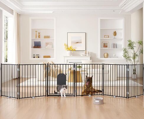 No Pawblems Dog Gate with Cat Door, Free Standing 30'' Tall Foldable Dog Fence for Indoor & Outdoor, Up to 156 Inch Extra Wide Puppy Gate for Stairs, Hallways, Doorways, Deck, Yard (Black, 6 Panels) in Kuwait
